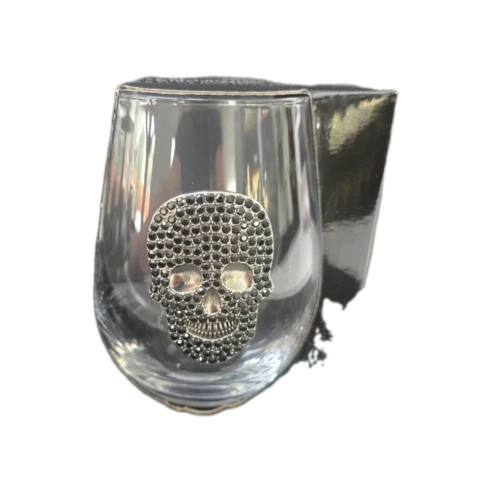 NEW Silver / Black Rhinestone Skull Halloween Wine / Tumbler Drink Glass